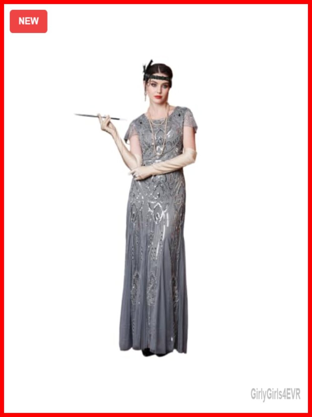1920s Sequin Flapper Gown Short Sleeve Maxi Dress Art Deco Formal Costume